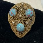 Vintage Art Deco Gold Filagree Antique Pearl Dress Fur Clip, Double Prong Pin Photo 11