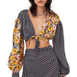 For Love And Lemons Anya Tie Front Floral Coquette Puff Sleeve Crop Top XS Black Photo 0