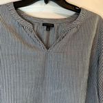 Talbots  Cotton Shirt Gray White Stripe Embroidered Sleeves L Tunic Tee Boho Photo 2