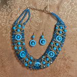 Boutique Beautiful Turquoise Blue & Gold Necklace Earring Set Photo 0
