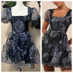 Exceptional Fate Black Floral Organza Puff Sleeve Mini Dress Size L Photo 1