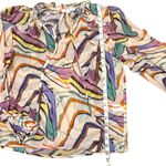 THML Abstract Multicolor Sheer Ruffle Blouse Tie Neck Long Sleeve Women’s Small Photo 6