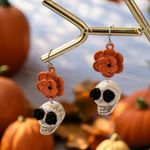 Skull Orange Flower Black Rose Eyes Drop Dangle Halloween Earrings‎ Faux Fashion Photo 1