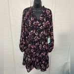 CeCe  Black Floral Long Sleeve V Neck A Lone Mini Dress Size 1 X NWT Photo 1