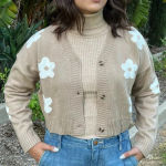 Love Tree Cardigan Sweater Floral Knitted Oversized Boxsy Waist Length Khaki Brown Photo 2