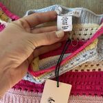 Sincerely Jules Striped Crochet Crop Top Off Shoulder Ruffle Sleeve Pink Yellow Size M Photo 3