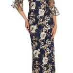 Adrianna Papell  Floral Embroidered V-Neck 3/4 Elbow Bell Sleeve Gown Navy Photo 0