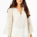 Lilly Pulitzer Matilda Cream Gold Leaf Bell Sleeve Silk Blouse S Photo 0