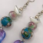 Glass Beads Floral Garden Bird Handmade .925 Sterling Silver Hook Earrings Blue Photo 1