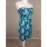 Free People  Strapless Blue & Teal Abstract Print Mini Dress With Smocked Back Photo 2