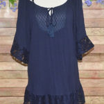 Flying Tomato  Blue Blouse Top Size L Lace Hem Tunic Up V-Neck Casual Photo 0