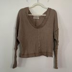 Free People NWOT Taupe Ribbed Knit sweater top scoop neck off the shoulder Photo 2