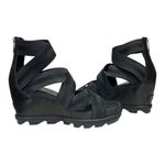 Sorel Joanie II Black Platform Wedge Sandals Sz 9 Elastic Strap Leather Photo 7