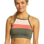 prAna  Alois Sports Bra XS Green‎ Pink Stripe Racerback Padded High Neck Athletic Photo 0