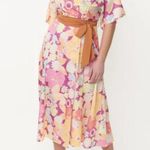 Unique Vintage  x Smiley® Purple/Pink Florals Wrap Midi Dress in Multicolor Photo 1