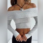 Princess Polly Tagula Off Shoulder Mixed Rib Crop light Gray Sweater long sleeve Women’s top Photo 6