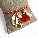 J.Crew  Beaded Stretch Bracelet Red and White Gold Tone Leaf Charm Photo 4