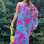 Tyche NWT  One Shoulder Maxi Dress Turquoise Blue Pink Splatter Pattern Medium Photo 0