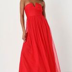 Lulus Queen Behavior Strapless Ruched Red Tulle Maxi Dress Size Small NWT Photo 7