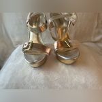 Bamboo Elegant  heeled sandals in metallic gold and silver tones. Photo 3