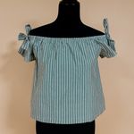 Lush Clothing 5/$20 Lush Green White Stripe Off the Shoulder Cotton Blouse Top Bows XS Photo 1