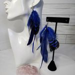 Boho Long Royal Blue Real Feather Earrings Photo 1