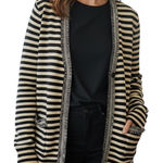 J.Crew  Harlow Wool Tan & Black Striped Fringe Trim Lightweight Cardigan Photo 0