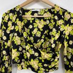 Mango Floral Crop Top Long Sleeve Blouse Black Yellow Green Size S Photo 3