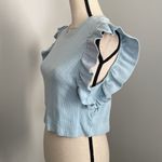 ZARA Pastel Light Blue Ribbed Cropped Ruffle Side Crew Neck Shirt size Medium Photo 3