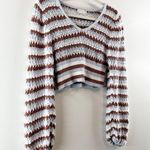Altar'd State  Cropped Balloon Sleeve Striped Crochet Sweater Blue Brown Medium Photo 6
