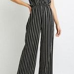 Anthropologie Striped Wide Leg Lace Up Cross Back Sleeveless Jumpsuit Romper Black White Small Photo 0