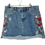 ZARA  Denim Floral Embroidered A-Line Mini Skirt L Photo 1