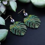 Bohemian Style Green Leaf Drop Earrings With Imitation Pearl Hollow Photo 2