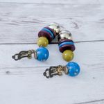 Vintage Clip On Earrings Blue, Plum, Green, Gold Tone Dangle Photo 6