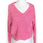 BP  V-Neck Sweater Vibrant Pink Marled Knit Cropped Loose Weave Pullover XS Photo 1