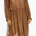 Vince  Brown Polka Starry Dot Shirred Long Sleeve Dress Size S Photo 0