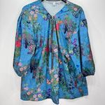 NEW Blue Satin Floral and Butterfly Zip Front 3/4 Balloon Sleeve Blouse Size XXL Photo 0