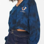 True Religion Foil Logo V Neck Crop Long Sleeve Sweatshirt Blue Poseidon Small Photo 0