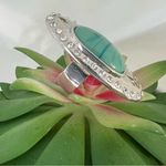 Ladies Cocktail Costume Jewelry Ring Silver Tone Band Faux Turquoise Adustable Photo 2