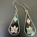 Vintage Alpaca Mexico Mexican Silver Black Enamel Abalone Inlay Teardrop Earring Photo 1