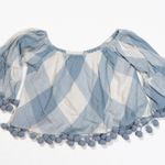 Tularosa Alexa Cotton Lined Off The Shoulder Blue White Check Pom Pom Blouse Top Photo 0