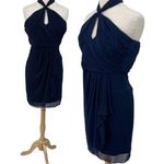 Badgley Mischka Dress Pleated Y Neck Halter Drape Front Mini Navy Blue Womens 4 Photo 0