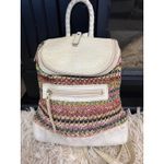 Crazy Horse Woven Crochet Backpack Cream Faux Croc Trim Top Handle Zip Front White Photo 1
