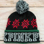 Victoria's Secret  PINK Snowflake Beanie Winter Hat w/ Pom Pom Black Red NWOT Photo 0