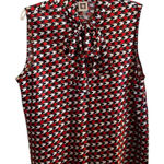Anne Klein  Red Black Houndstooth Sleeveless Secretary Blouse Satin Bow Collar Photo 0