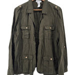 London Jean Olive Green Linen Utility Jacket Large Button Front Pockets Photo 0