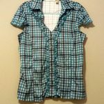 Caren Sport 2X Capped Sleeve Button Front Ruffle Stretch Plaid Top Blue Photo 0
