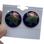 Vintage Enamel Cloisonné Blue & Pink Flower Studded Earrings Boho Photo 0