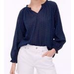 J.Crew Navy Blue Clip Dot Smocked Neck Blouse Photo 0
