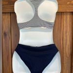 Aerie high neck halter T back navy white striped swim bikini size Medium Photo 1
